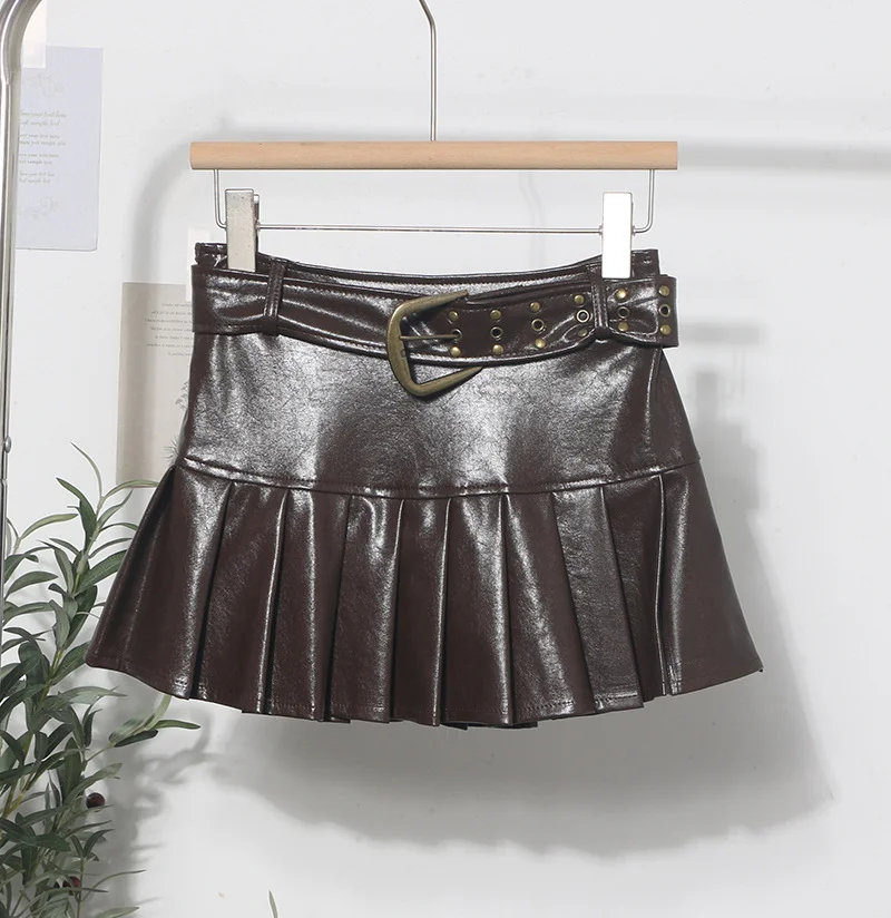 Zingj Real Shooting Merard High-Rise Thin Pu Skin 100 Folded Dress Small Babes A Short Skirt With Belt 1827