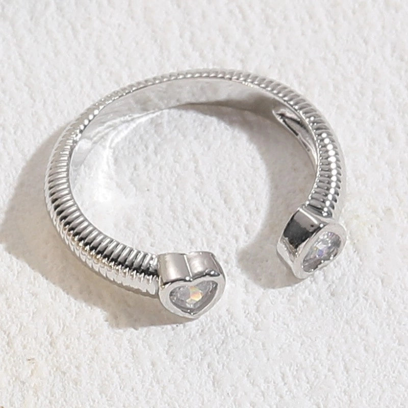 Glam Letter Heart Shape Copper Inlay Zircon 14k Gold Plated Open Ring