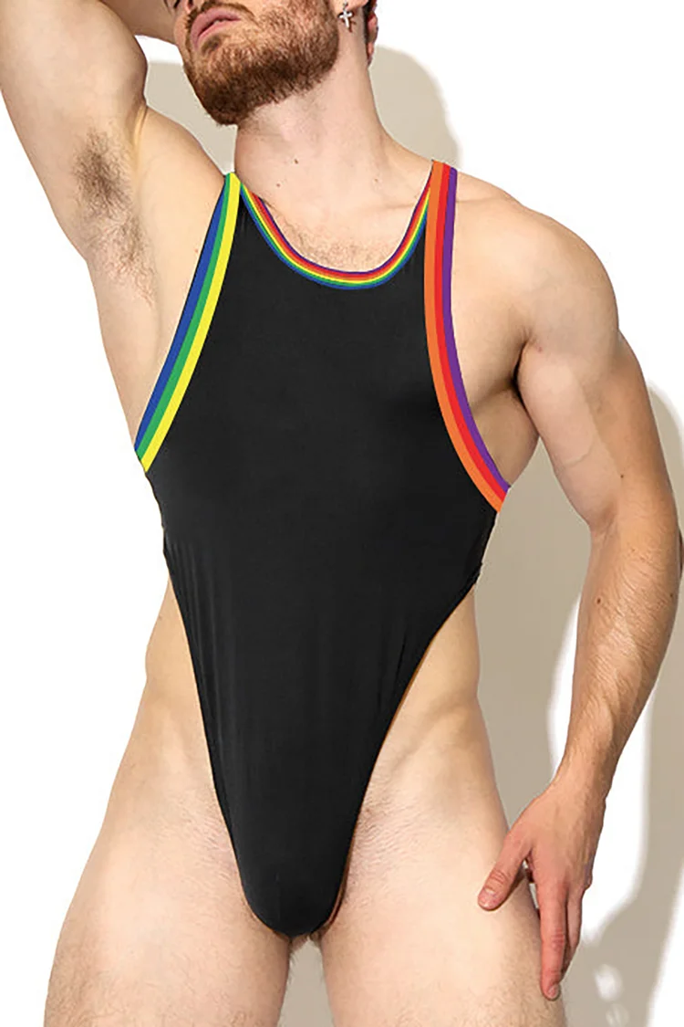 Men's Rainbow Stripe Stretch Thong Bodysuit