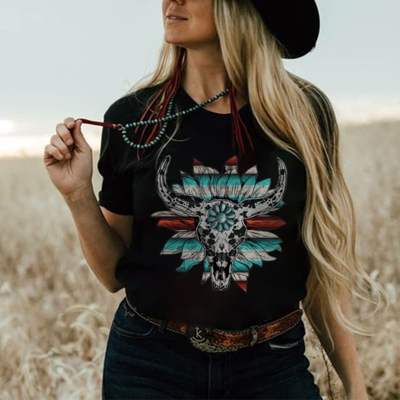 Animal Skull Flower Casual Women's Graphic Tees