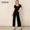 SHEIN Black Elegant Rib-Knit Square Neck Belted Palazzo Leg Solid Jumpsuit Women Spring Workwear Office Lady Wide Leg Jumpsuits