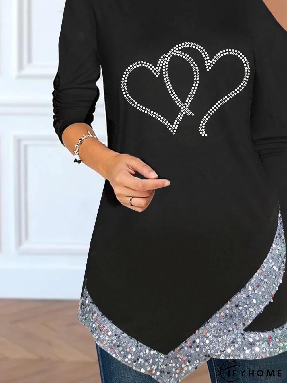 Heart/Cordate Glitter Casual Hollow Out Cold-shoulder Tunic Top | IFYHOME