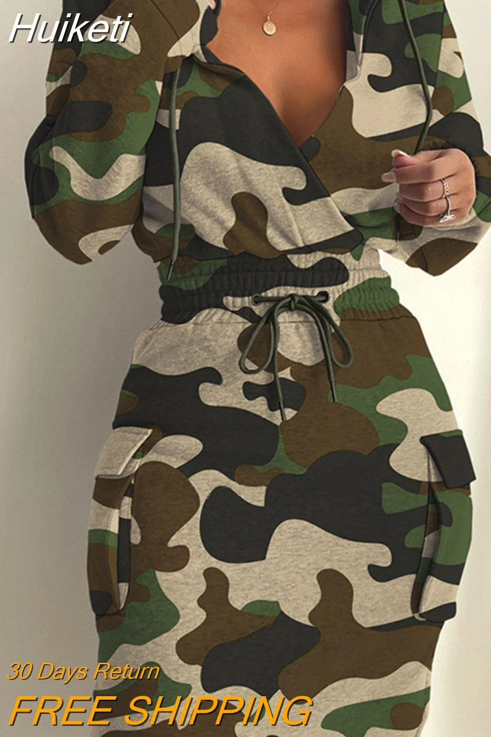 Huiketi Pocket Design Camouflage Print Drawstring Waist Hooded Sweatshirt Dress 2023 New Casual Robe Lady Outfit