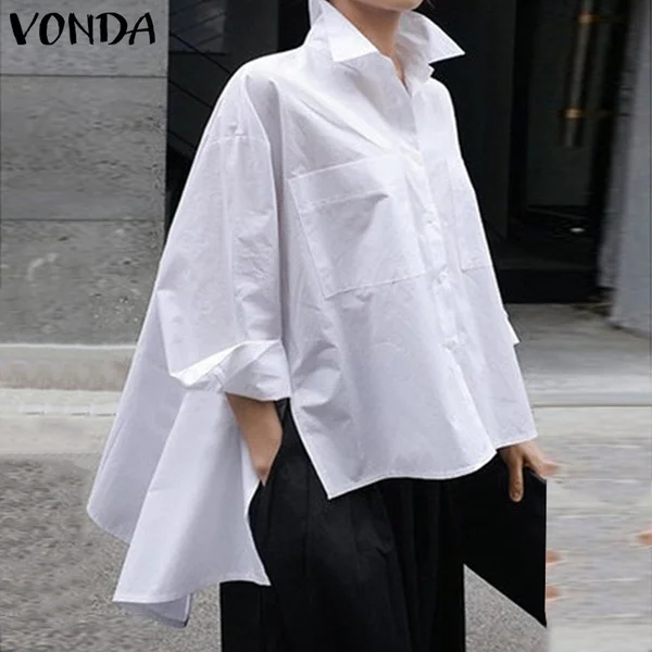 VONDA Women Long Sleeve Turn-down Collar Irregular Hem Cotton White Shirts Plus Size Blouse Tops