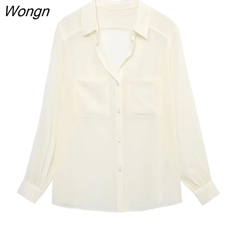 Wongn 2023 Thin Women Solid Blouses With Patch Pockets Spring Autumn Casual Long Sleeved Tops Summer Single Breasted T-Shirts