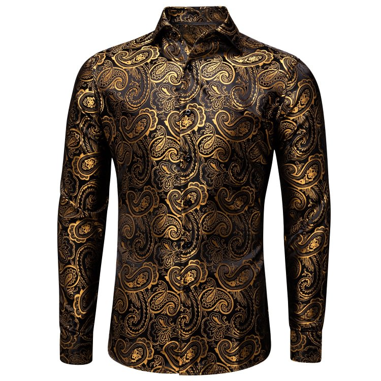 Luxury Golden Black Paisley Pattern Silk Men's Long Sleeve Shirt