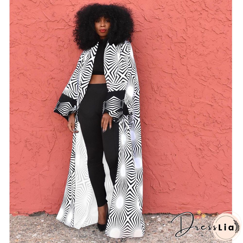 Printed Long Sleeve Open Front Long Cardigan Tops