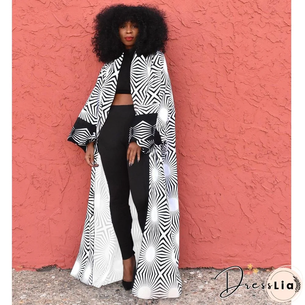 Printed Long Sleeve Open Front Long Cardigan Tops