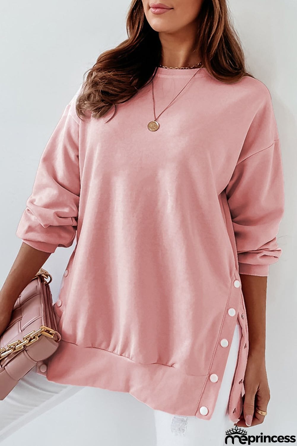 Crew Neck Slit Buttons Sweatshirt
