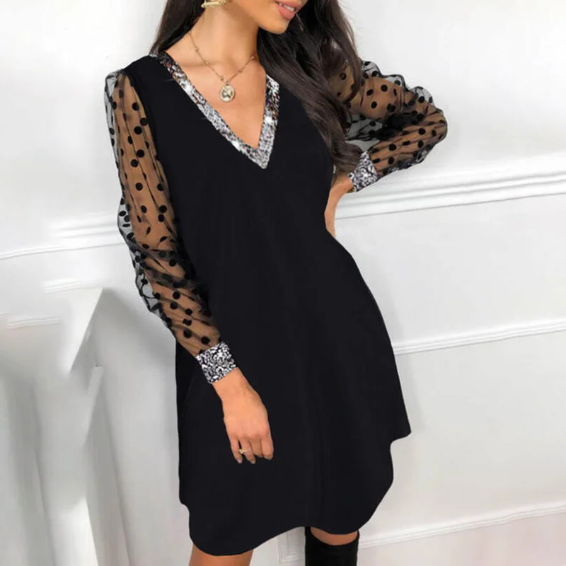 Color Block Sequins Long Sleeves Shift Above Knee Elegant Tunic Dresses