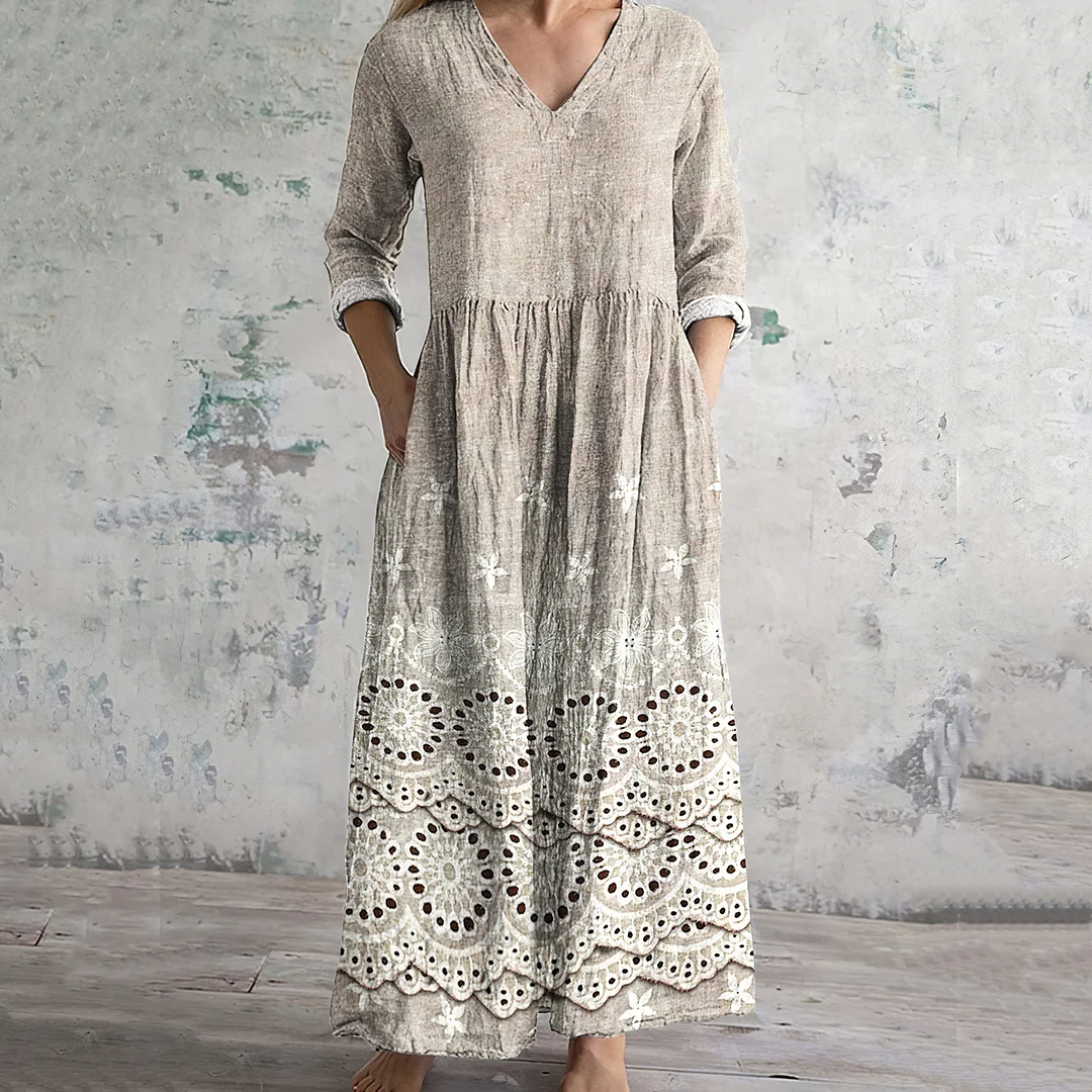 Vintage Floral Embroidered Lace Art Women's Linen Dress