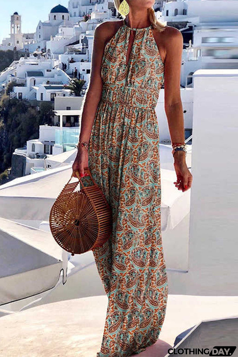 Street Geometric Print Printing Halter A Line Dresses(4 Colors)