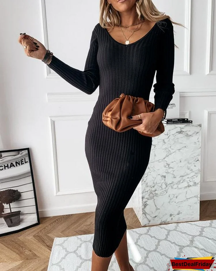Solid Long Sleeves Bodycon Casual Midi Dresses