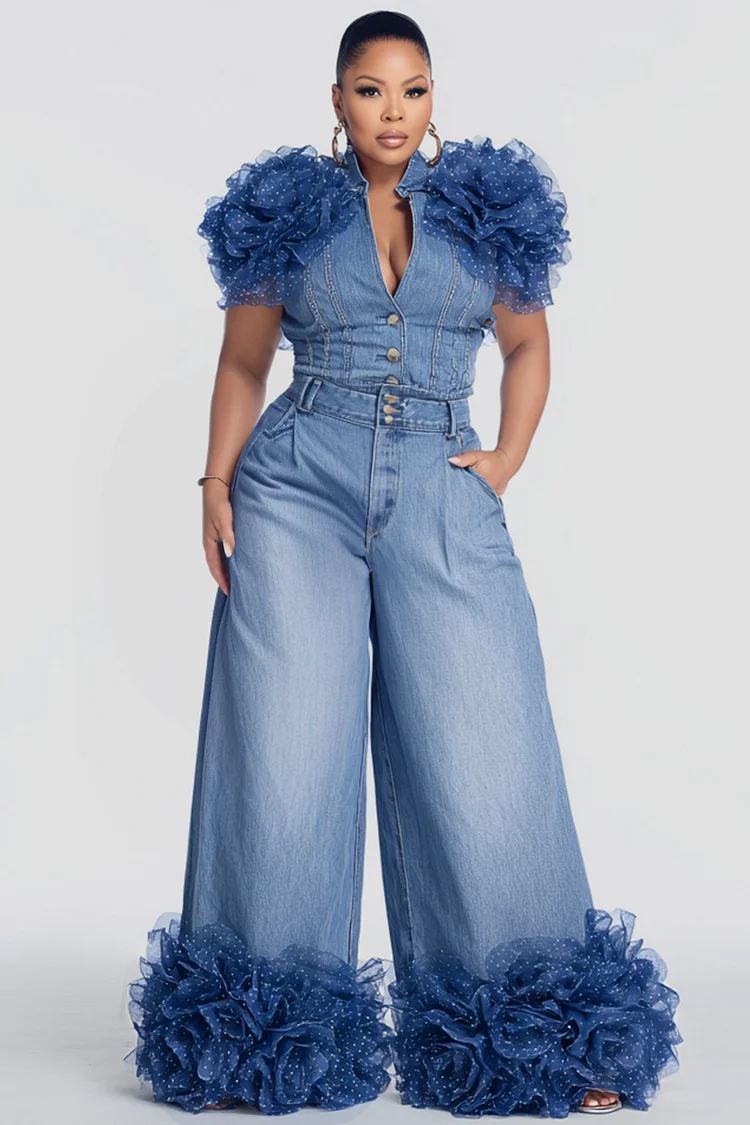 Xpluswear Design Plus Size Business Casual Blue 3D Casual Pocket Denim Two Piece Pant Sets [Pre-Order]