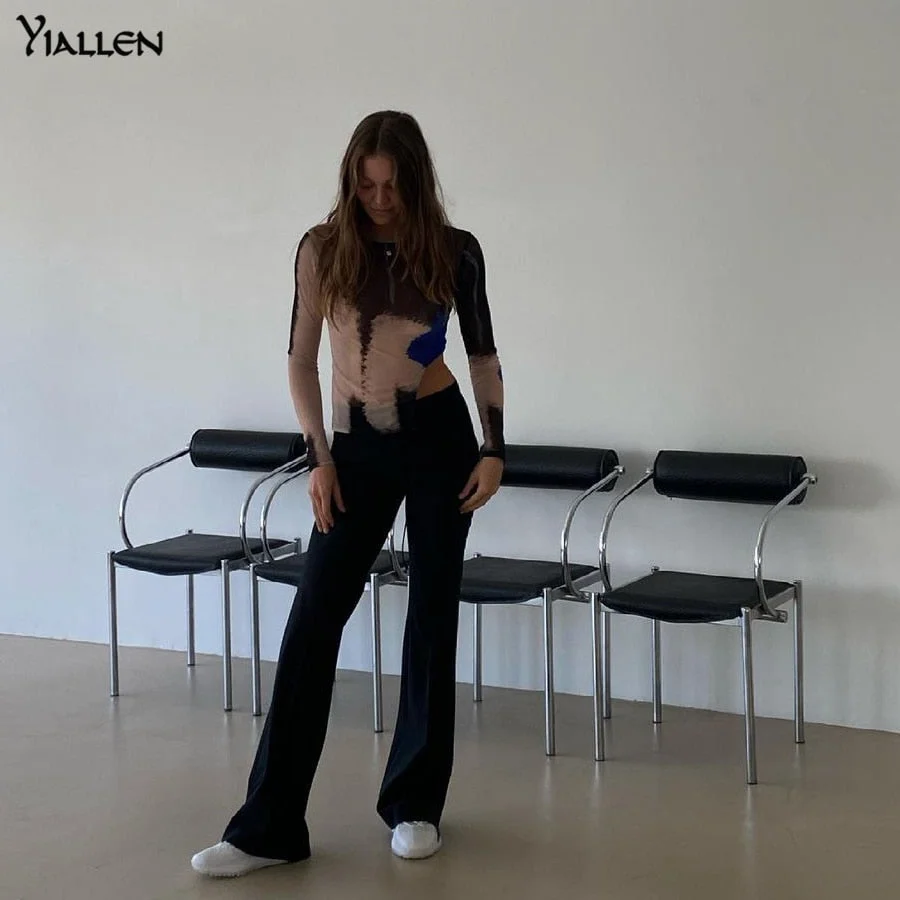 Yiallen Autumn Mesh O-Neck Women Crop Top Shirring Long Sleeve Irregular T-Shirt Fashion Wild Print Casual Streetwear Tees Hot