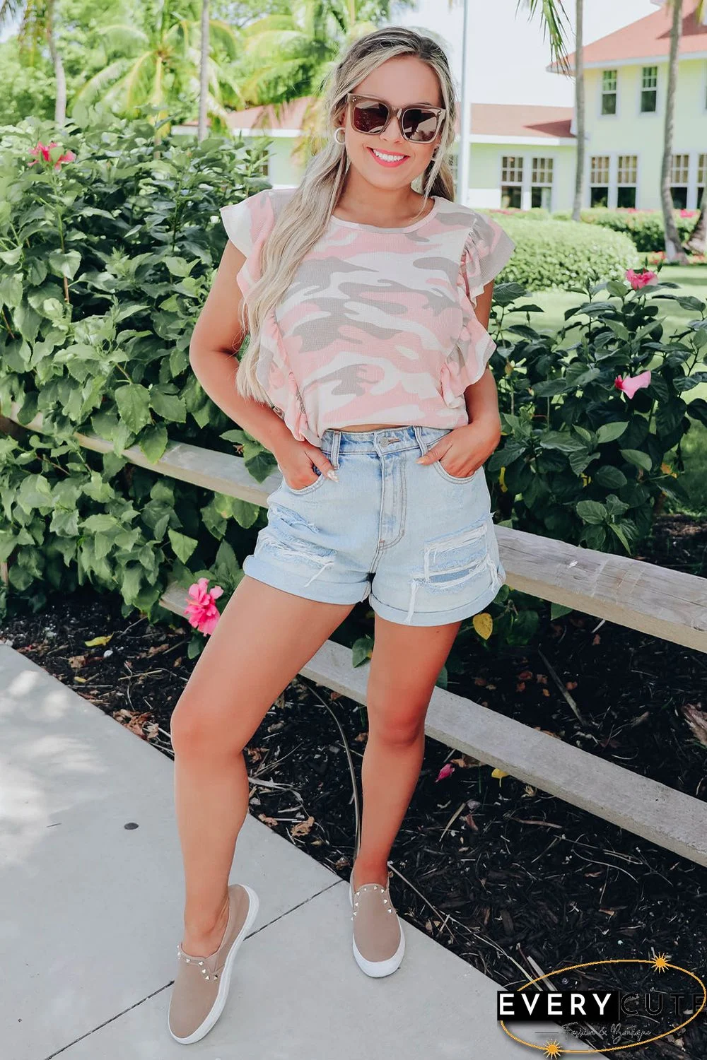 White Camo Print Ruffle Trim Tank Top
