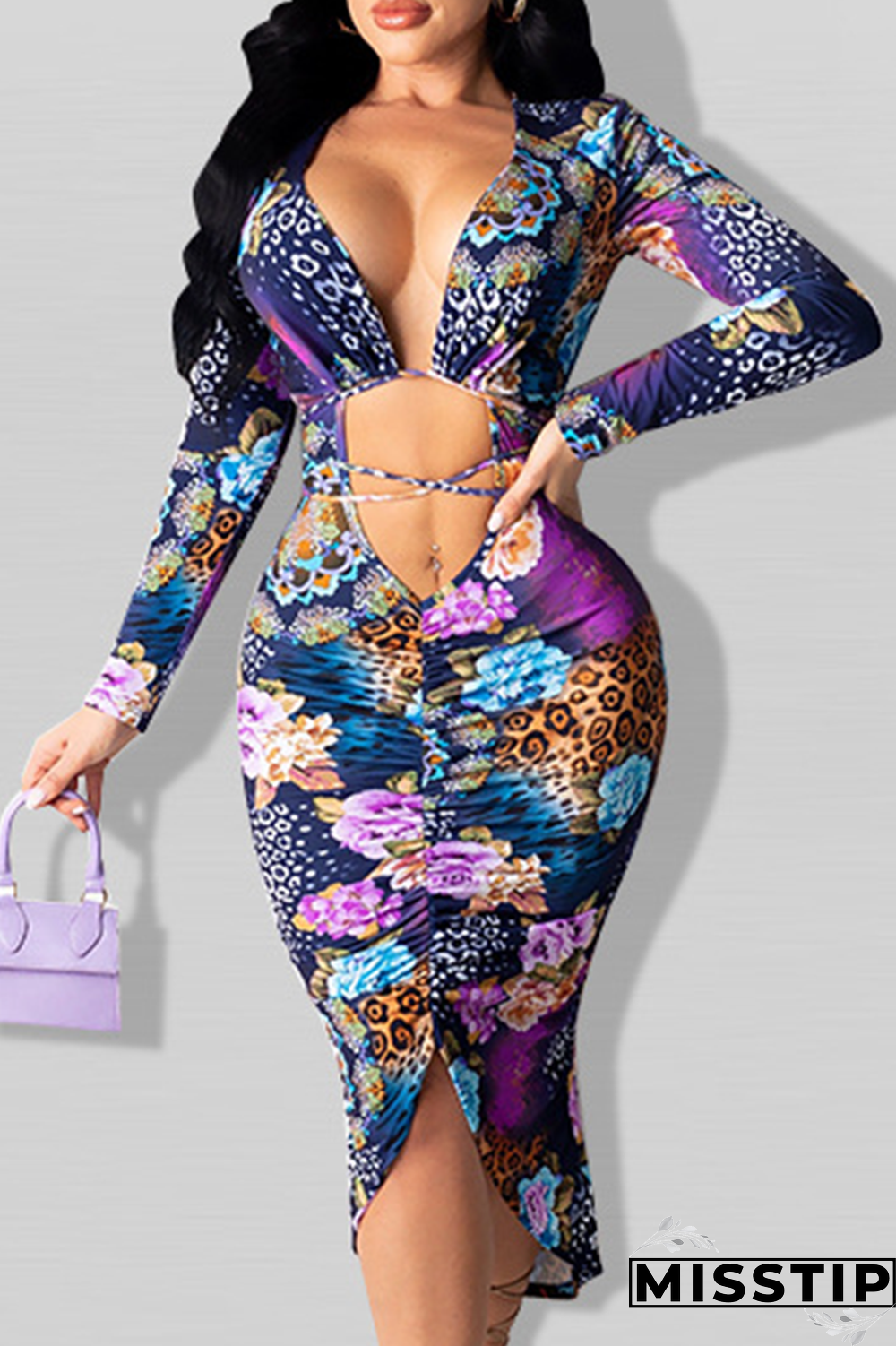 Deep Blue Sexy Print Hollowed Out V Neck Irregular Dress Dresses