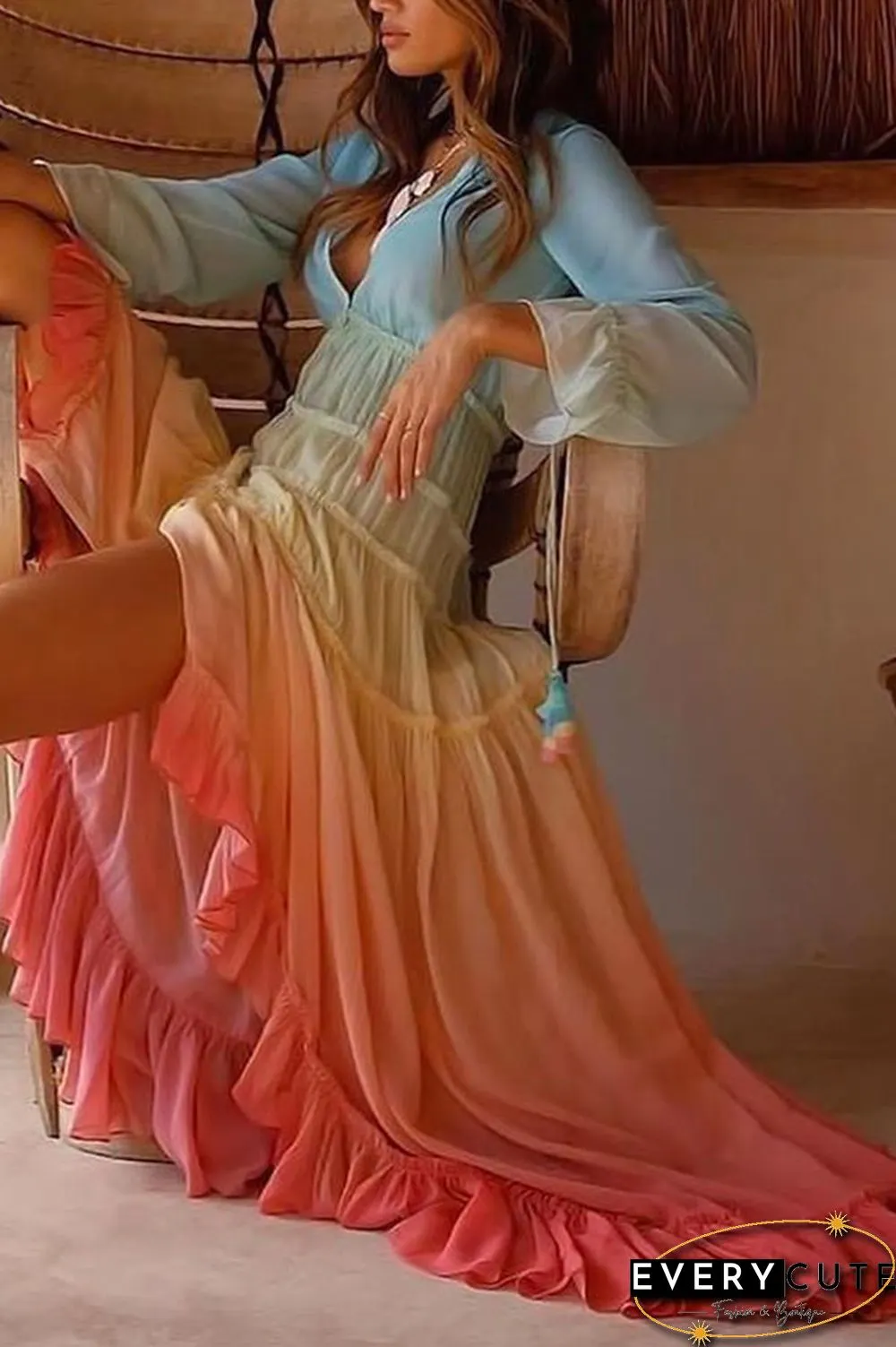 Gradient Color Ruffled High Low Maxi Dress