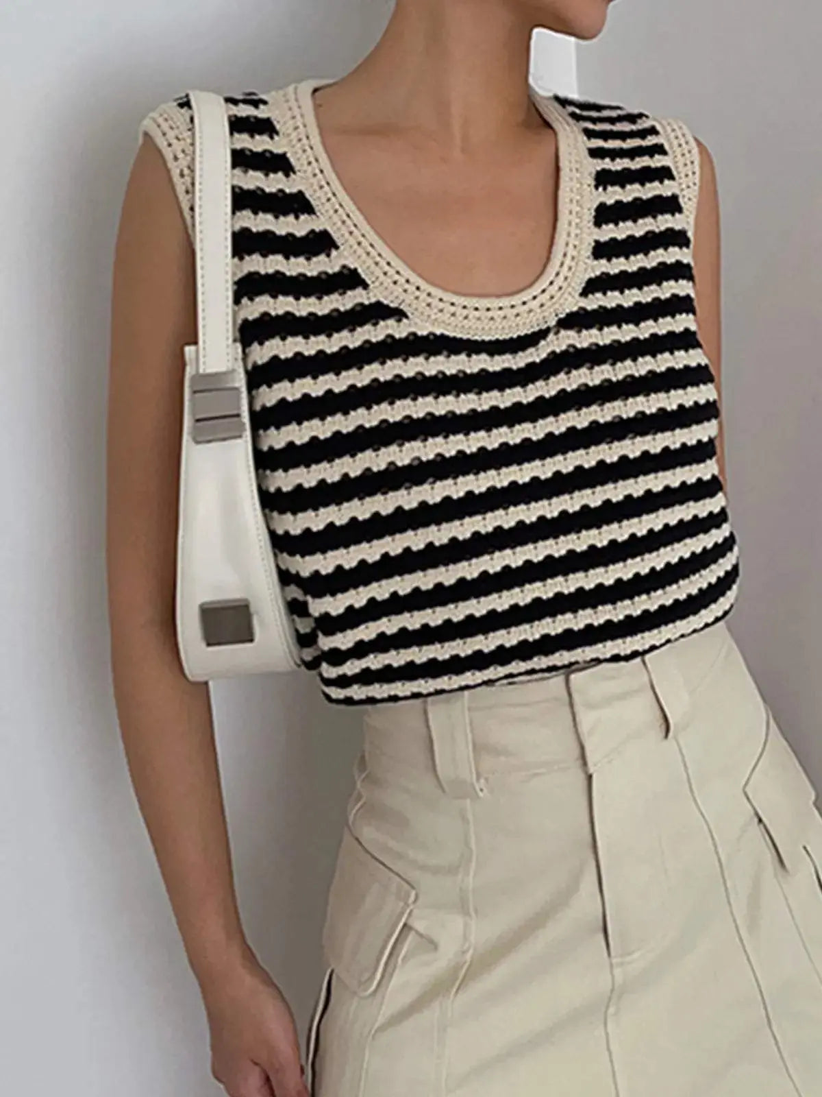 Summer Round Neck Hollow Out Knitting Striped Tank Tops