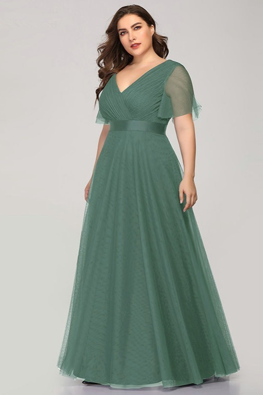 Gorgeous Plus Size Short Sleeve Prom Dress Long Tulle Evening Gowns