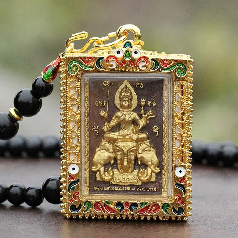 Obsidian Bead Buddha Elephant Serenity Pendant Necklace