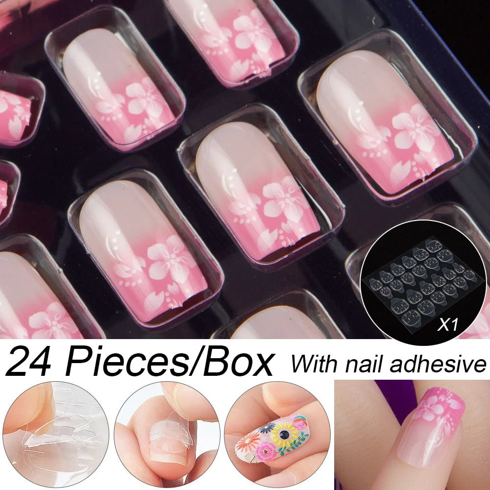 Fashion 24pc/set 10 Sizes Fake Nails Full Cover French False Nail Tips With Double-Sided Nail Adhesive Tab Press On Coffin Nail-Nail Inspo