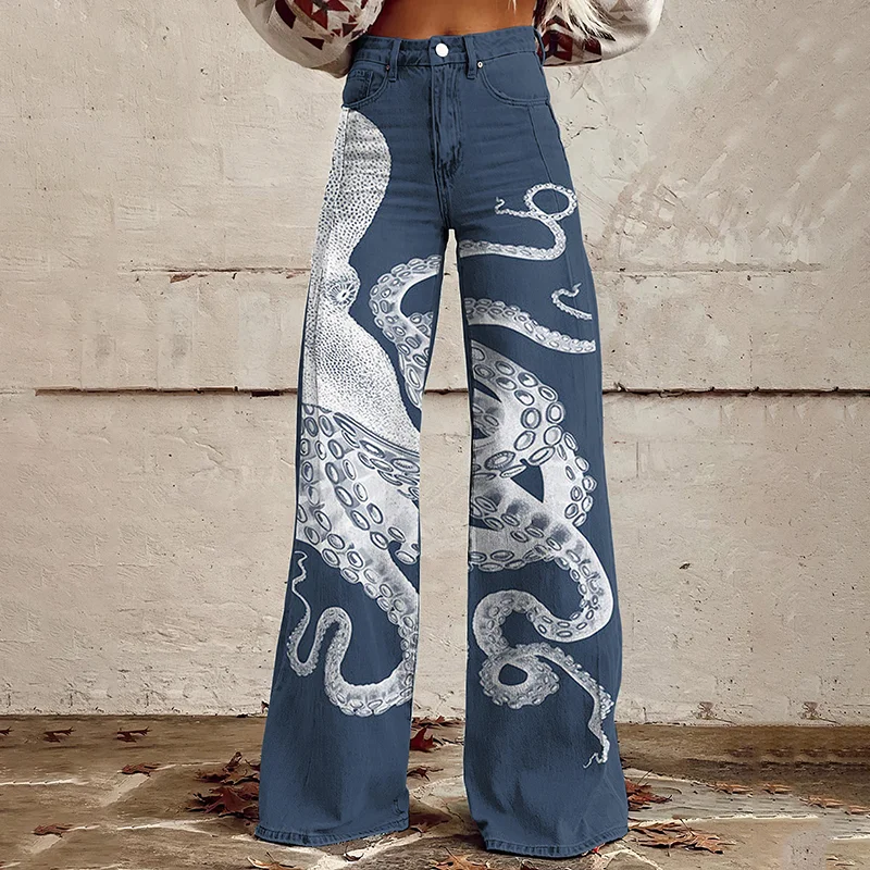 Japanese Art Octopus Print Wide Leg Jeans