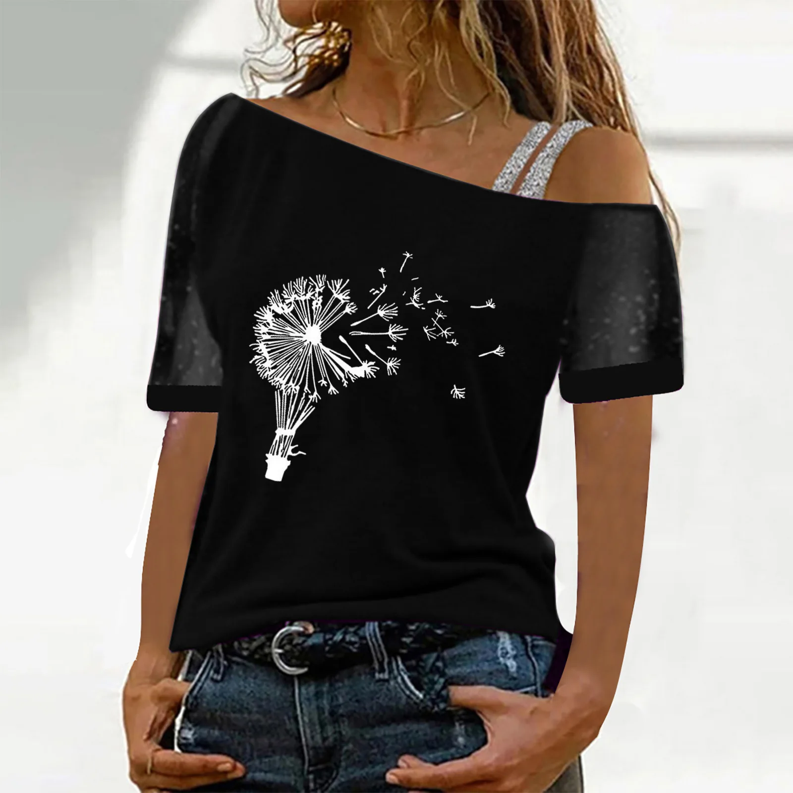 Summer  Women Tops Dandelion Print Bottom Shirt Slant Neck Mesh Off Shoulder Short Sleeve Sleeve t-shirt