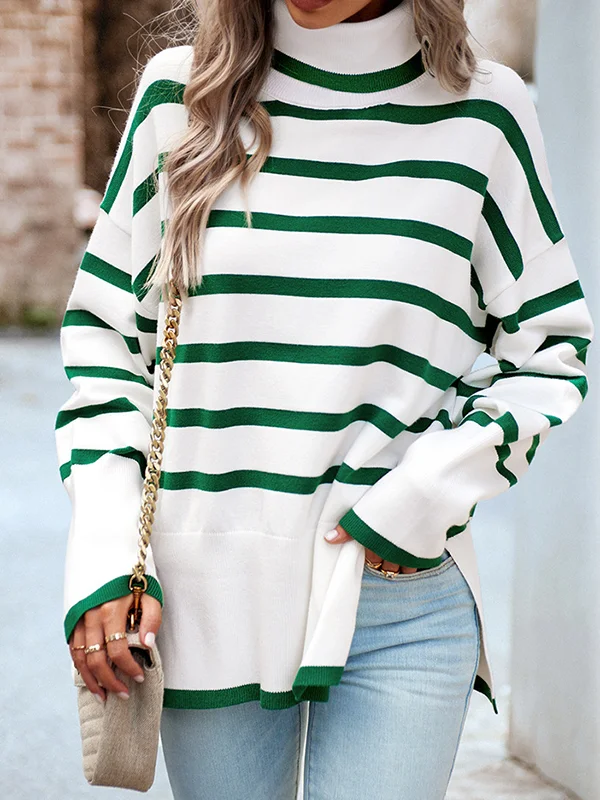 Striped Split-Side Contrast Color Loose Long Sleeves High Neck Sweater Tops Pullovers