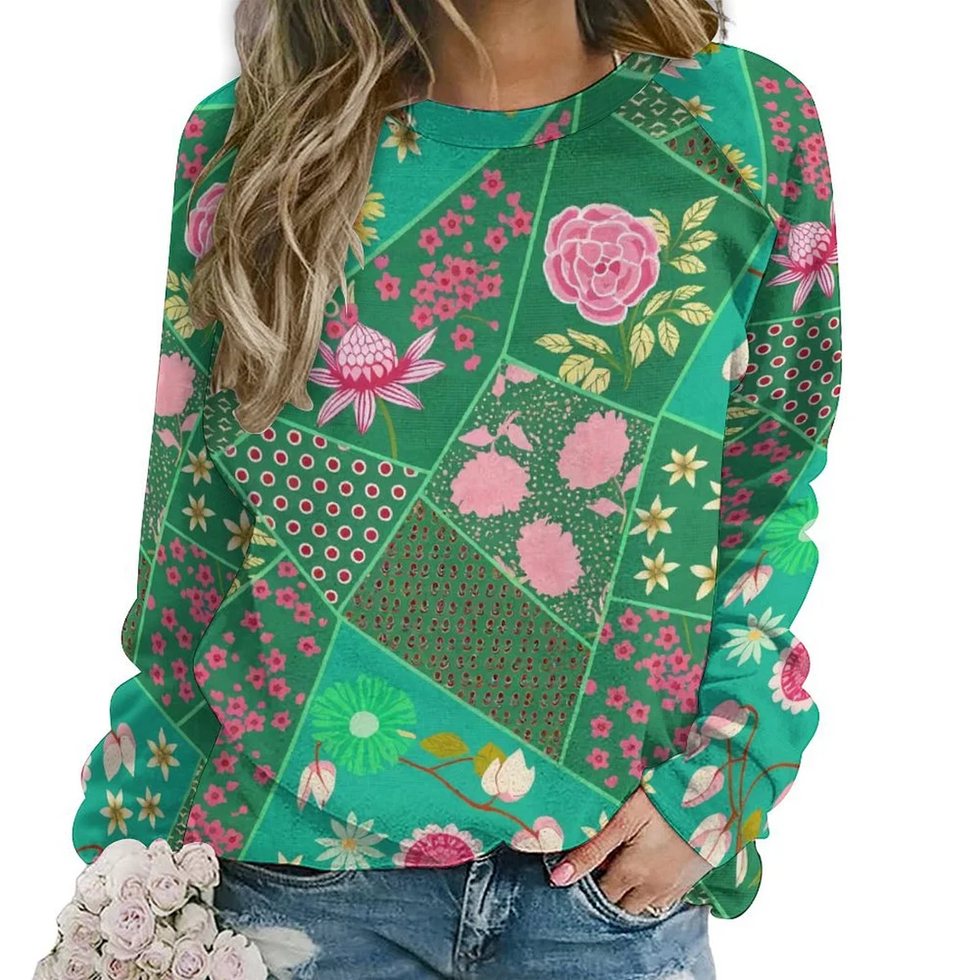 Printed Long Sleeve Casual Sweatshirt for  Women and Men Unisex Pattern Splicing, Green, Pink, Floral