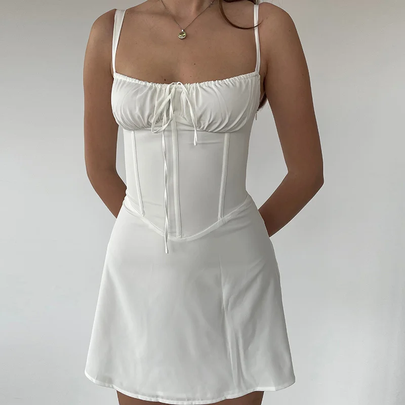 Women Backless Bandage A-line Dress Front Tie Up Spaghetti Strap Cocktail Mini Dress