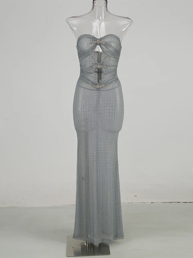 Brownm High-End Women's Clothing New Heavy Industry Hot Diamond Solid Color Sexy Thoracic Dress Dress Dress Dress Dress