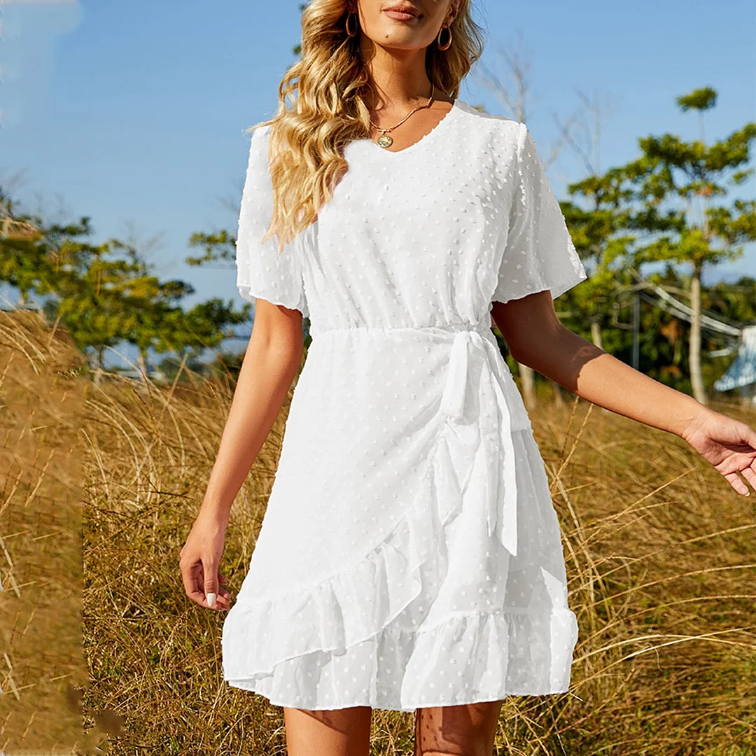 Chiffon Waistband Ruffled Skirt White Dresses | EGEMISS