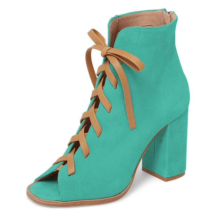 Turquoise Vegan Suede Lace Up Boots Chunky Heel Peep Toe Booties |FSJ Shoes