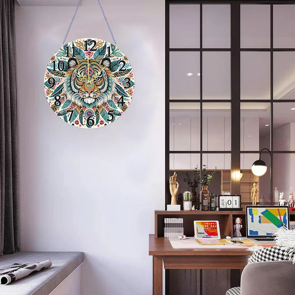 DIY Mandala Tiger Acrylic Special Shaped 5D Diamond Painting Hanging Clock Art Craft
