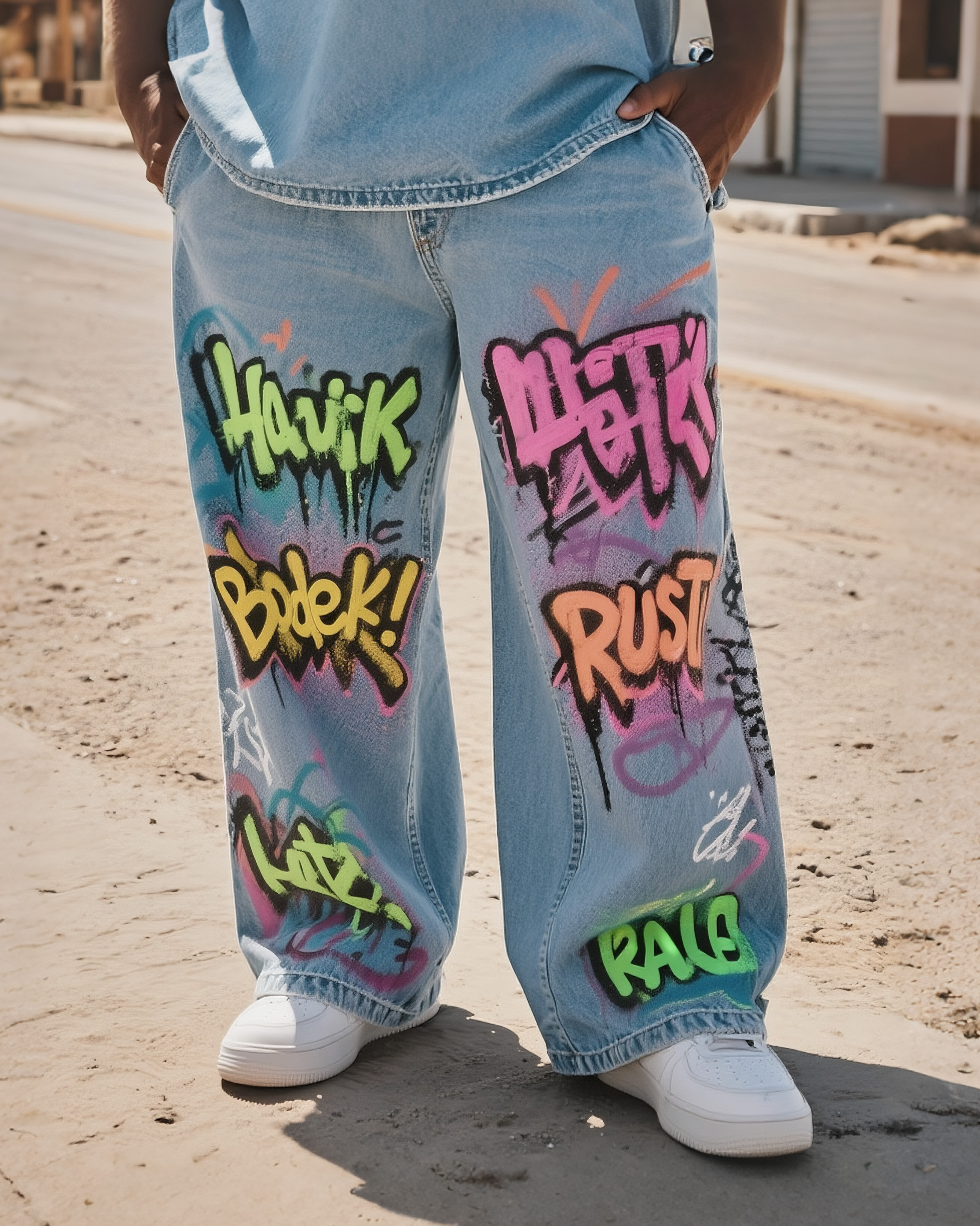 Big & Tall Men's Street Fashion Graffiti Denim Trousers