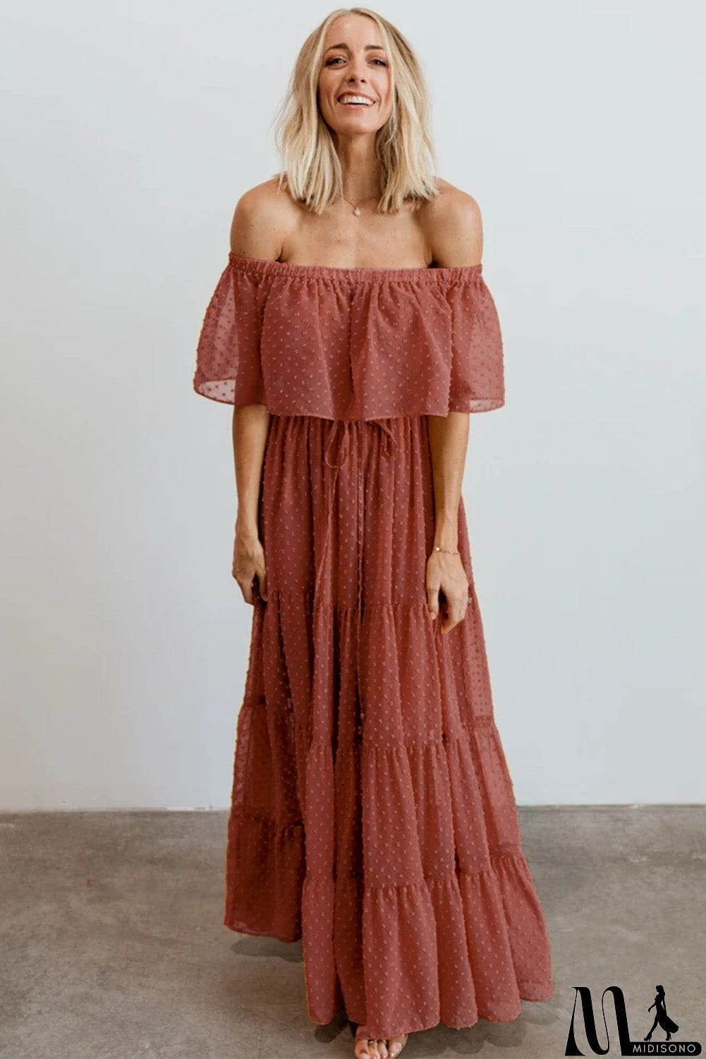 MidiSono - Rust Red Off Shoulder Ruffle Swiss Dot Maxi Dress