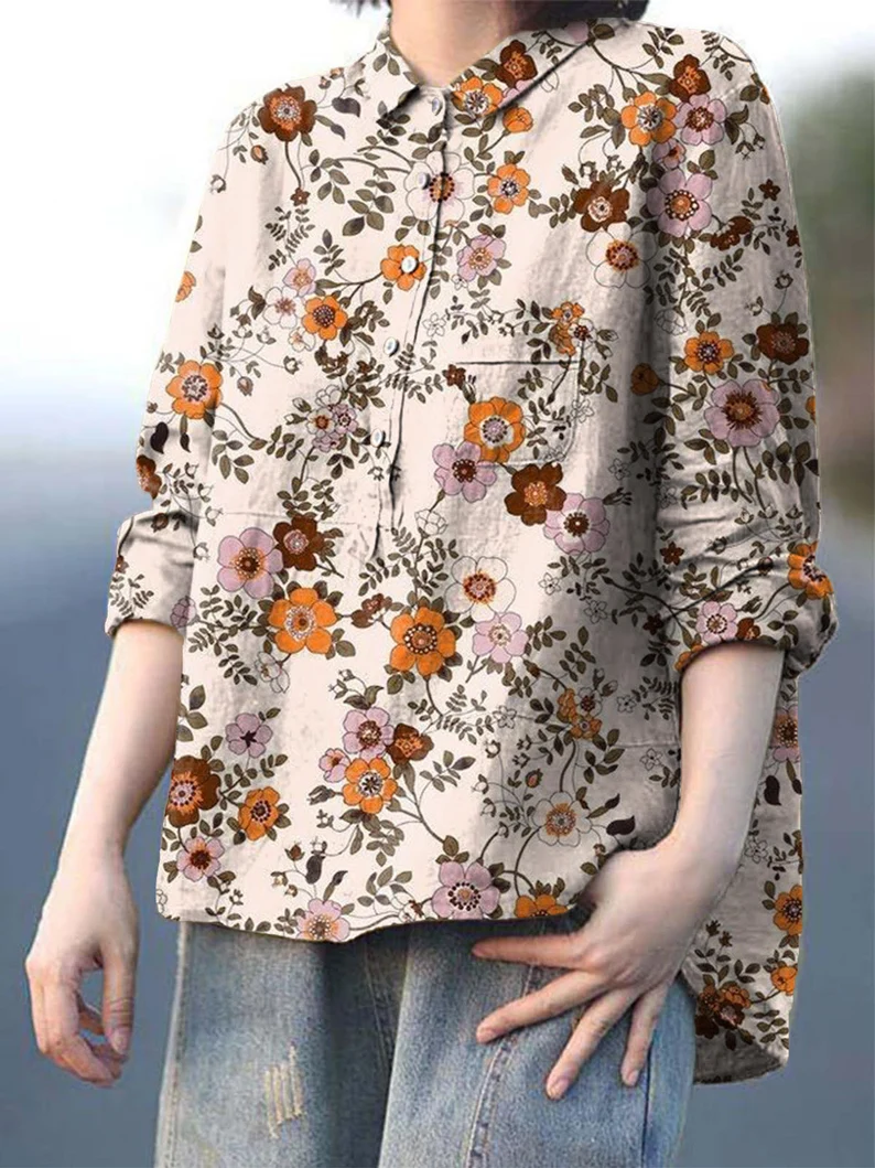 Women's Print Casual Cotton And Linen Shirt