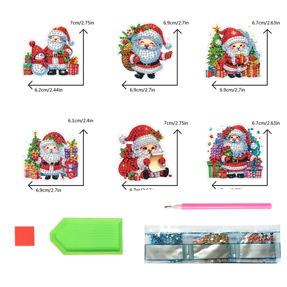 6PCS 2D Flat Xmas DIY Crystal Refrigerator Magnet for Home Decor (Santa Claus)