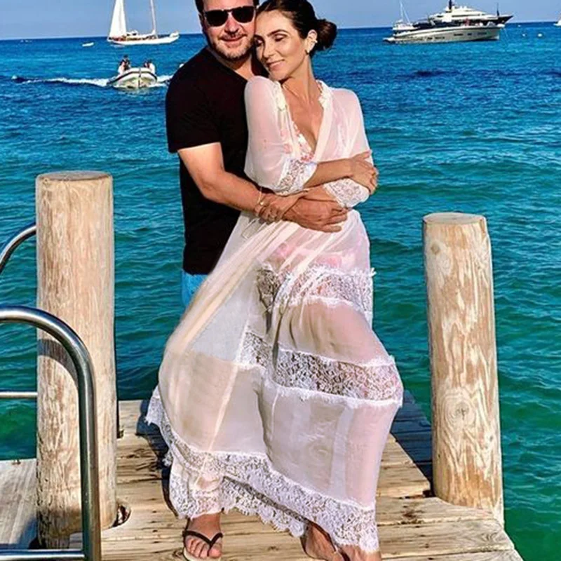 Uveng Uveng Chiffon Patchwork Lace Dress Loose Beach Blouse Mask Beach Robe Coat Women's Beach Sunscreen Shirt