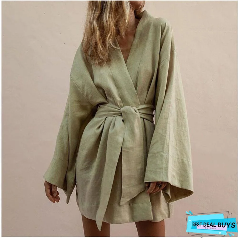 Women's Cardigan Dress Solid Color Loose Cotton Linen Medium Length Shirt Skirt Linen