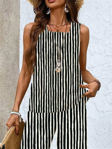 Women's Sleeveless Square Collar Striped Graphic Printed Casual Set