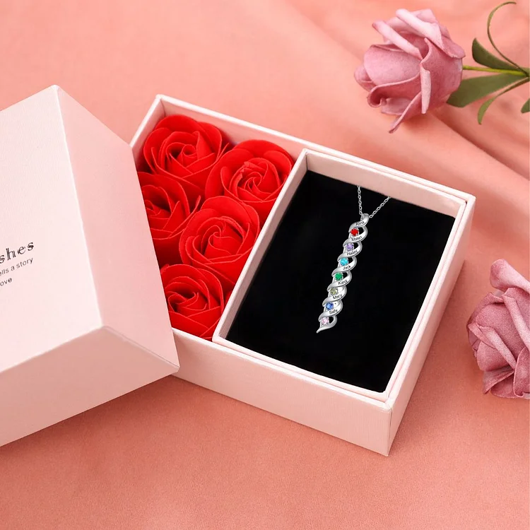 7 Names-Personalized Birthstones Necklace Set With Rose Gift Box-Custom Cascading Pendant Necklace Engraving 7 Names Gifts for Her