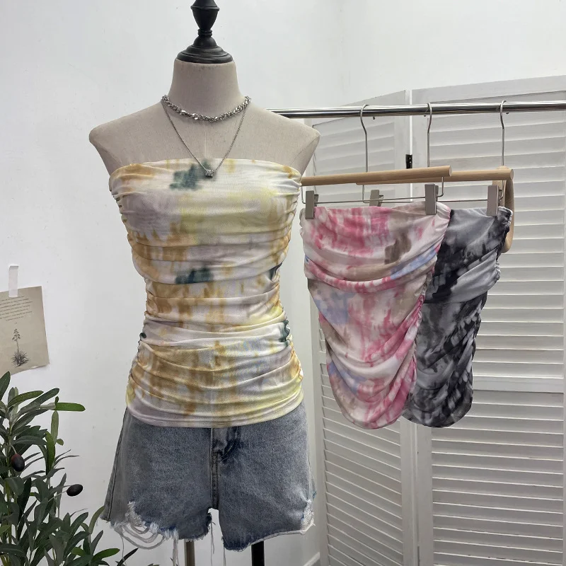 Uveng Thai-Style Splash Ink Dye Mesh Wrap Chest Vest Irregular Stacked Folded Sleeveless Top 9950