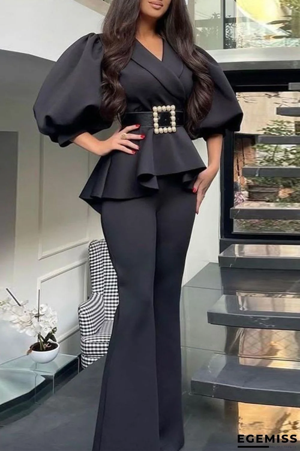 Black Fashion Casual Solid Patchwork Turndown Collar Half Sleeve Two Pieces (Without Belt) | EGEMISS
