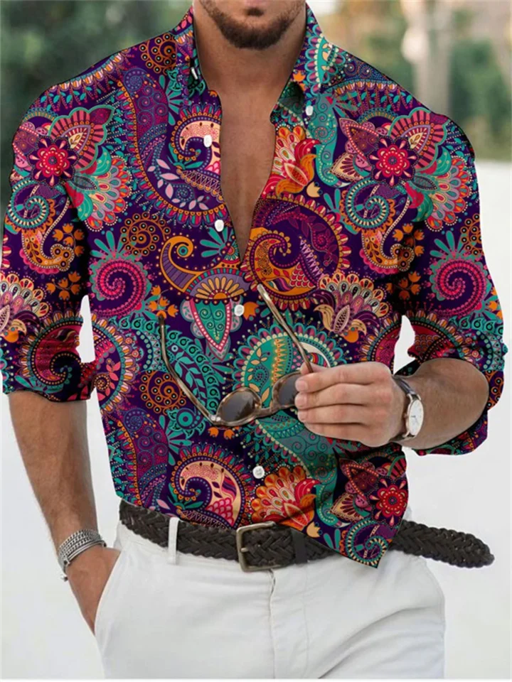 Men's Shirt Graphic Shirt Floral Turndown White Yellow Light Purple Purple 3D Print Daily Holiday Long Sleeve 3D Print Button-Down Clothing Apparel Fashion Designer Casual Breathable-Mixcun