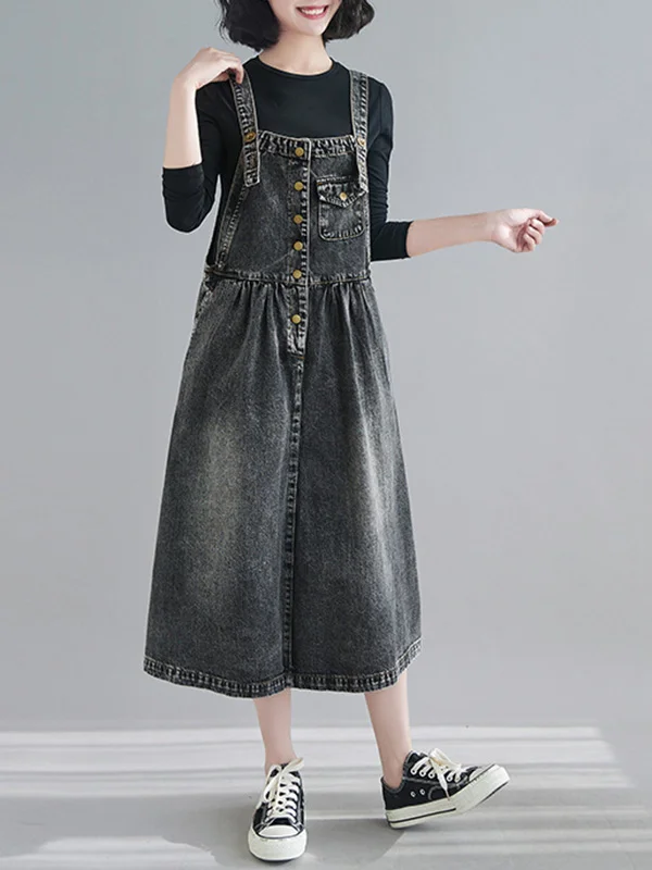 Classic Sleeveless Denim Dress with Convenient Pocket Detail