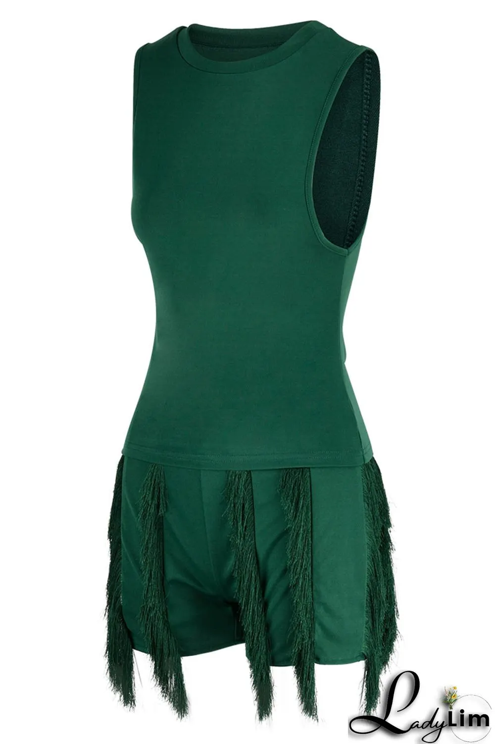 Black Casual Solid Tassel Patchwork O Neck Sleeveless Two Pieces