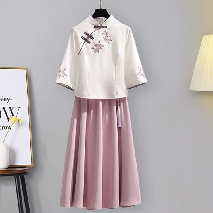 Floral Embroidery Fringed Buckle Vintage Top Skirt Two Pieces Set - Modakawa Modakawa
