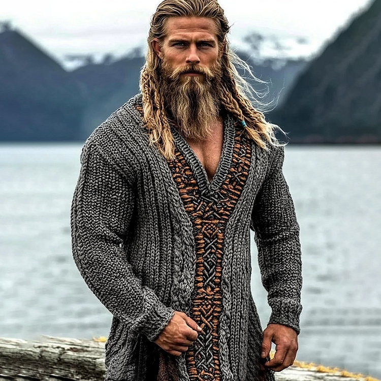 Men's Viking Tribal Celtic Knit Cozy V Neck Sweater